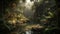 Tranquil scene green forest, water, tropical rainforest, fern, mystery generated by AI
