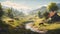 Tranquil scene green meadow, grazing cow, rustic fence, majestic mountain generated by AI