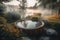 A tranquil scene of a hot tub: The image show a hot tub set in a peaceful lake, with steam rising from the water. Soft, warm color