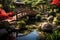 A tranquil scene of a Japanese garden featuring a picturesque bridge spanning over a serene pond, A tranquil Japanese garden with