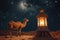 Tranquil scene, lantern, Camel, Sheep, Goat, and a celestial starry background