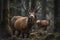 A tranquil scene of a moose peacefully grazing in a lush forest