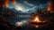 Tranquil scene mountain peak, sunset, campfire, reflection, nature beauty generated by AI