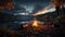 Tranquil scene mountain range, sunset, campfire, reflection, nature beauty generated by AI