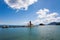 Tranquil scene of the Panagia Vlacherna church and the Mouse Island with a nice cloudscape in Corfu, Greece