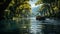 Tranquil scene rowboat glides on peaceful pond surrounded by nature generated by AI