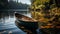 Tranquil scene rowboat on serene pond, surrounded by autumn forest generated by AI