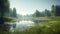 Tranquil scene of a rural meadow with a reflection pond generated by AI