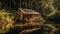 Tranquil scene of rustic log cabin by water in autumn