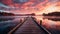 Tranquil scene, sunset over water, wood jetty generated by AI