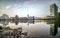 Tranquil scenery of the Dusseldorf-Hafen urban borough after sunset in Germany