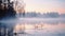 Tranquil scenery of lake and mist at dawn