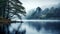 Tranquil scenery of a lake surrounded by fog and nature