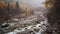 Tranquil scenery of mountain river falling into autumn forest with colorful foliage trees