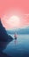 Tranquil Sea At Sunset: Minimalistic Red Sail Boat Wallpaper
