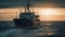 Tranquil seascape, sunset silhouette, industrial ship, steel equipment, peaceful journey generated by AI