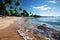 Tranquil seaside vista, golden sand, palm trees, glistening sea, clear blue skies