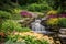 a tranquil and serene flower bed, with a peaceful waterfall in the background