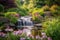 a tranquil and serene flower bed, with a peaceful waterfall in the background