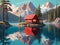 Tranquil Serenity: Mountain Lake Painting with Cabin on Island.