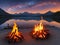 The tranquil setting of lakes and mountains forms a picturesque backdrop for the campfire and creating a sense of peace and