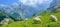 Tranquil sheep grazing in stunning mountain hill scenery, embodying a peaceful outdoor nature vibe