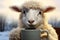 Tranquil Sheep next to the warm drink cup. Generate ai