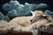 Tranquil Sheep sleep cloud sky. Generate Ai