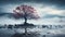 Tranquil silhouette of tree reflects on water, nature beauty generated by AI