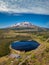 Tranquil small lake surrounded by a picturesque landscape featuring a large hill topped with snow