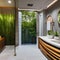 A tranquil, spa-inspired bathroom with a Japanese soaking tub, teak accents, and bamboo plants1, Generative AI