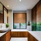 A tranquil, spa-inspired bathroom with a Japanese soaking tub, teak accents, and bamboo plants2, Generative AI