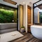 A tranquil, spa-inspired bathroom with a Japanese soaking tub, teak accents, and bamboo plants2, Generative AI