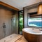 A tranquil, spa-inspired bathroom with a Japanese soaking tub, teak accents, and bamboo plants5, Generative AI