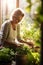 Tranquil spring scene of a middle-aged woman nurturing her flourishing garden