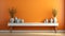 Tranquil Still Life: White Floor And Orange Wall With Quirky Pottery