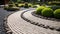 Tranquil stone path curves through landscaped Japanese garden generated by AI