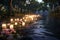 Tranquil Stream with Floating Memorial Candles A