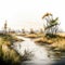 Tranquil Stream: A Moody Watercolor Illustration Inspired By Dutch Landscapes