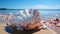 Tranquil summer beach sand, water, shells, starfish, seashell collection generated by AI