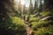 A tranquil, summer hiking adventure, featuring a couple trekking through a lush, green forest, meadow and mountain trail.