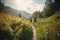 A tranquil, summer hiking adventure, featuring a couple trekking through a lush, green forest, meadow and mountain trail.