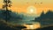 Tranquil summer lake sunrise depicted in serene flat minimalistic style, beautiful illustration