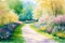 Tranquil Summer Scenery. A Watercolor Painting of Park, Lake, field and River. Generative AI