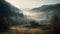 Tranquil sunrise over misty mountain wilderness scene generated by AI