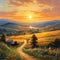 Tranquil sunset in the countryside, featuring a radiant golden sun
