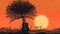 Tranquil sunset illustration with acoustic guitar resting under lone tree. Peaceful country setting