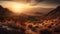 Tranquil sunset over majestic mountain range, a panoramic rural scene generated by AI