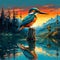 Tranquil Sunset Reflections, Cinematic Kingfisher, AI Generation