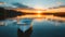 Tranquil sunset scene serene ocean with vacant wooden rowboat on calm, still, reflective waters